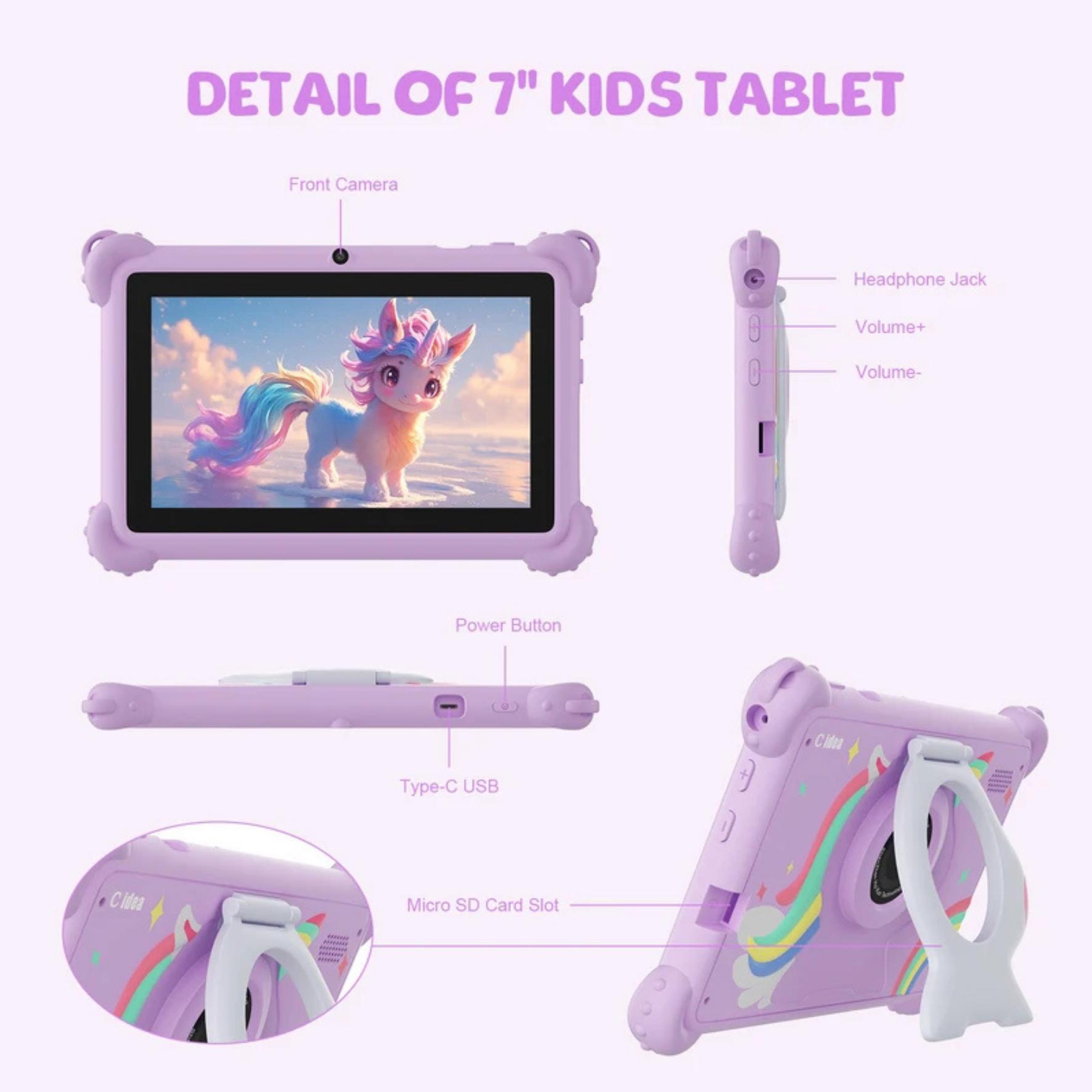 Tablet Anak C Idea Android 15 layar 7 Inch RAM 8GB+ROM 256GB Support 512GB 1024x600 IPS Baterai 5000mAh Kamera 2MP+5MP Case Unicorn Anti Shock Tablet Edukasi & Hiburan Anak dengan Parental Control tablet anak android tablet anak murah ungu dan biru