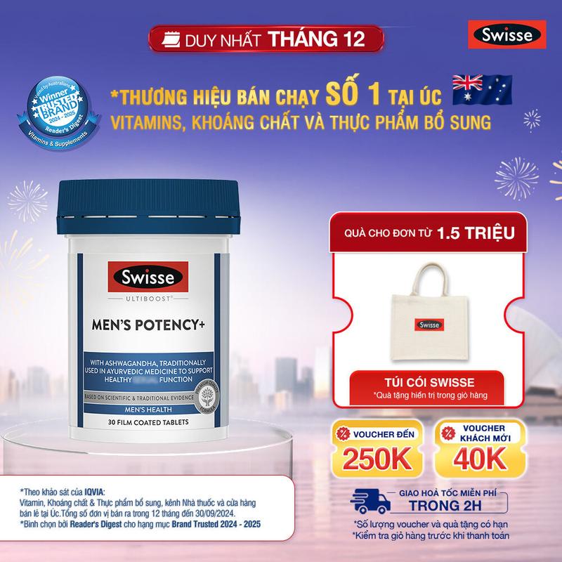  Viên uống giúp tăng cường sức khỏe cho nam giới Swisse Ultiboost Men’s Potency+  30 viên  Bổ Sung Kẽm 450mg & Vitamin B 