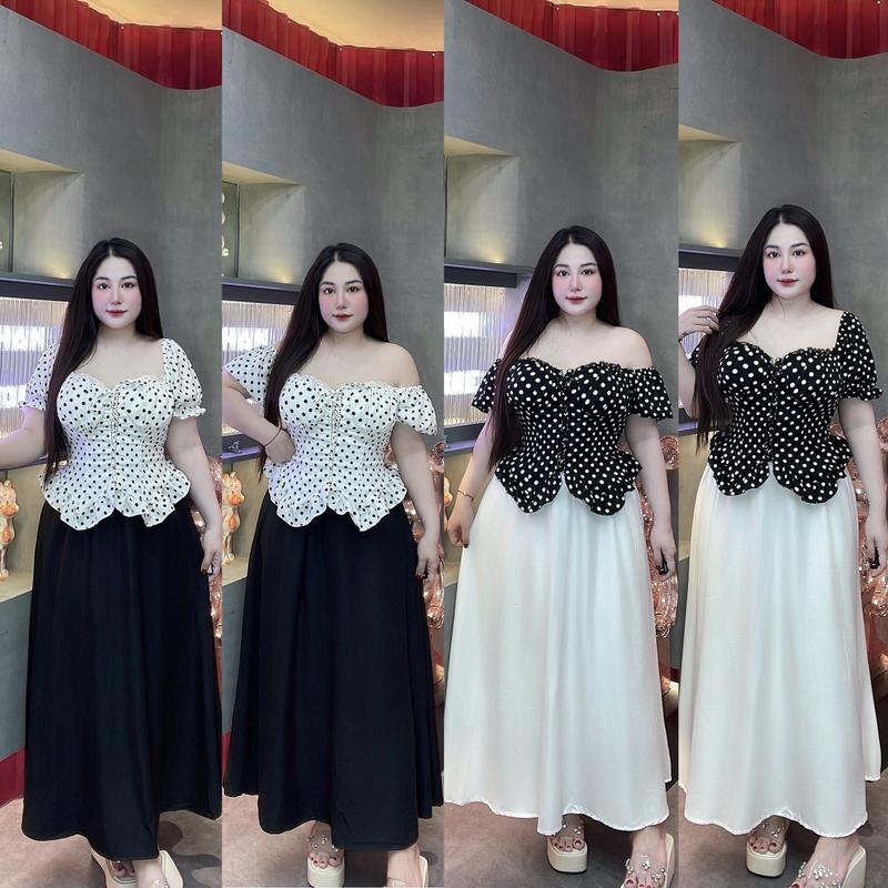 60-90KG SET BỘ ÁO CHẤM BI CÚP NGỰC VIỀN REN KÈM CHÂN VÁY DÀI THIẾT KẾ BIGSIZE VƯƠNG NGỌC HÂN Gợi cảm Dress Đen Women Cup Nữ