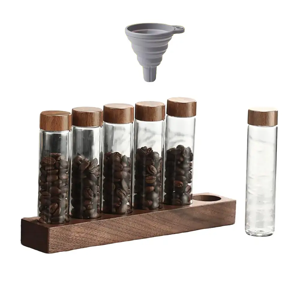 [Made For Drinkers] Coffee Bean Test Tubes Dosing set with a sleek solid walnut wood holder Tea Transparent