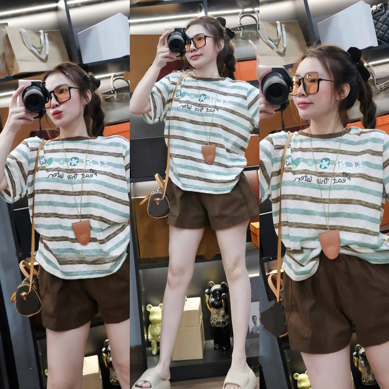  Bộ Nữ Áo Thun Sọc Ngang Nâu-Đỏ Mix Quần Đùi Dáng A Xinh Xắn Bigsize  40-80 KG 