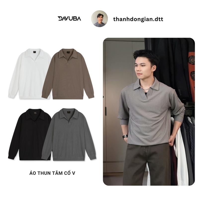 DAVUBA x Thành Đơn Giản Áo thun tăm cổ V trụ dài tay from rộng SM118