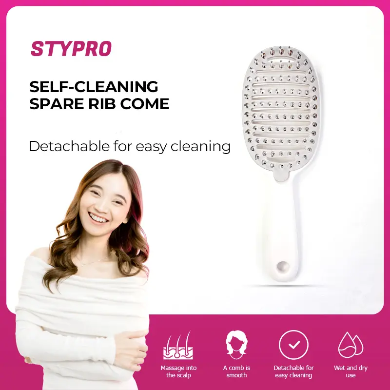 【Vanda's choice】STYPRO Self-Cleaning Spare Rib Comb | Sisir Rambut Membersihkan Diri Scalp Massager Anti Kusut Rontok White | Sisir Rambut Halus Bagian Atas Tengkorak Tinggi Tanpa Kusut Sisir Pijat Rambut Panjang Rumah Membersihkan Diri ST-4003