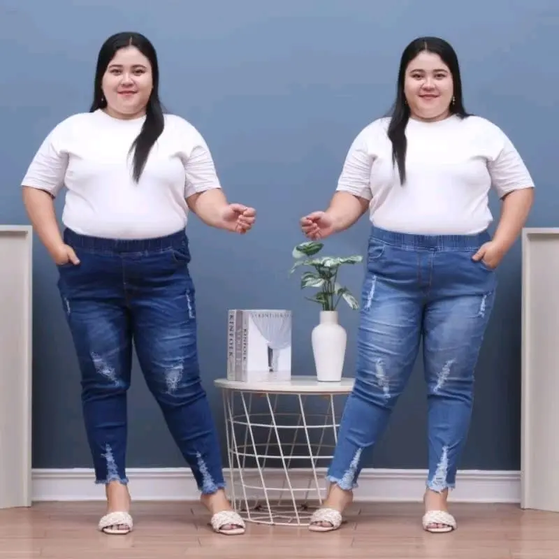 Celana Jeans sobek daun Jumbo/ celana jeans wanita pinggang karet/ celana jeans wanita terbaru cod 27-42/ celana wanita pinggang full karet terbaru sobek daun/leging jeans wanita 12oz// 100%real picture