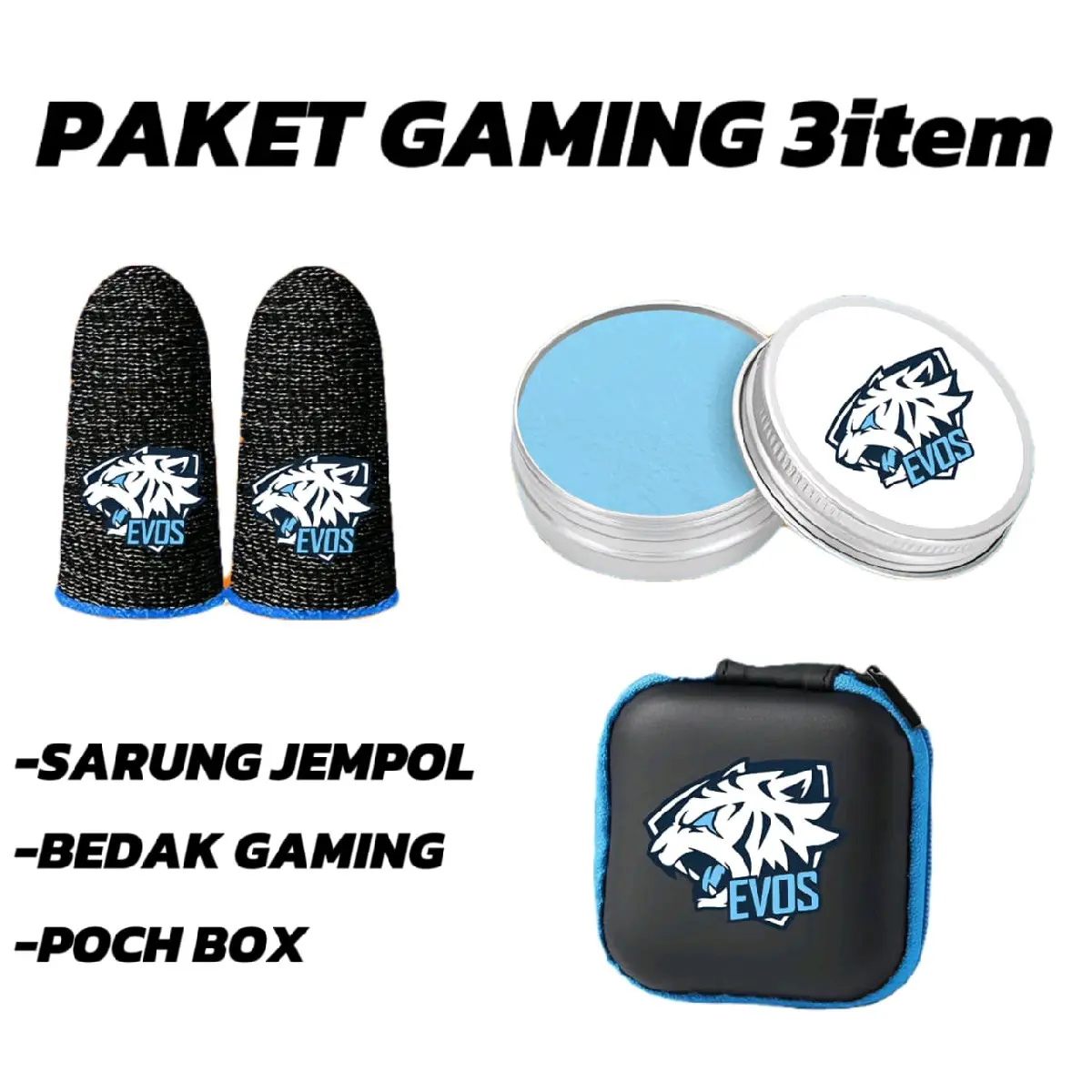 Evos Esport Paket Gaming Sarung Jempol Anti Keringat dan Responsif dengan Bedak Gaming, Poch Box, dan Sarung Jempol 3item -  Accessories Joystick Game Hitam finger