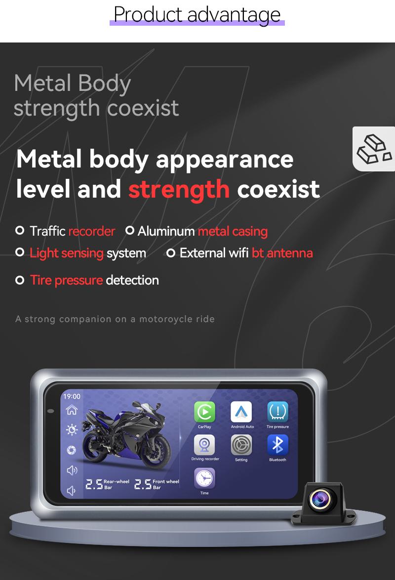 Product Introduction of M6 Motorcycle Portable GPS Navigation Dash Cam Recorder Wireless Apple Carplay Android Auto 6.25 Inch Touch Screen IPX7 Waterproof Tire Pressure System TPMS Metal body 18