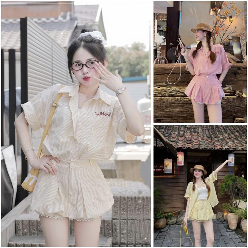 Hàng sẵn Sét Bộ Áo Sơ Mi Kẻ Thêu Chữ Ống Tay Ngắn Kèm Chân Váy Bí Bồng Viền Gấu Mix Ren Trẻ Trung