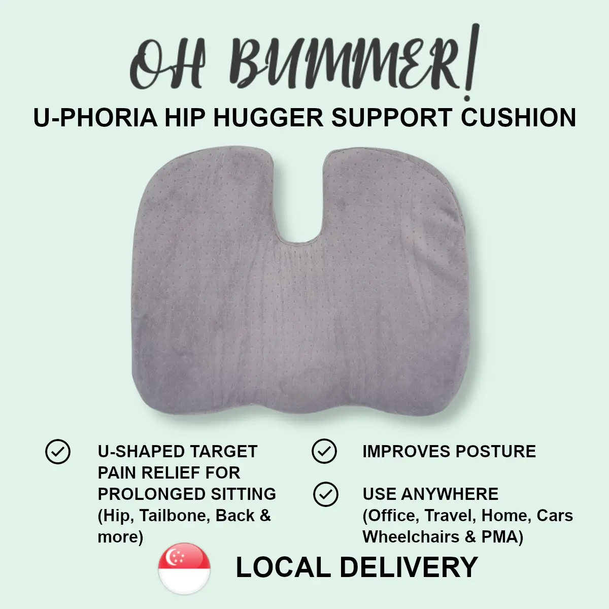 (SG Stock) HH U-phoria Hip Hugger Support Cushion 100% Premium Memory Foam Ergonomic Cushion for Hip (Light Velvet Grey)