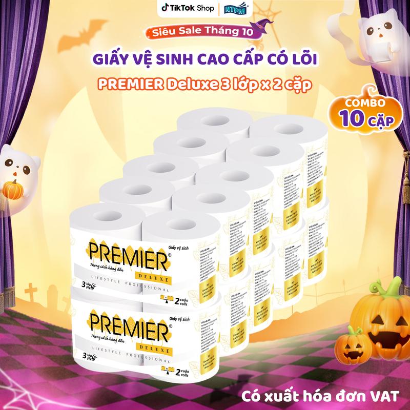 Giấy vệ sinh cao cấp PREMIER Deluxe có lõi, 3 lớp - 100% bột giấy nguyên sinh, không chất tẩy, 10 cuộn/lốc