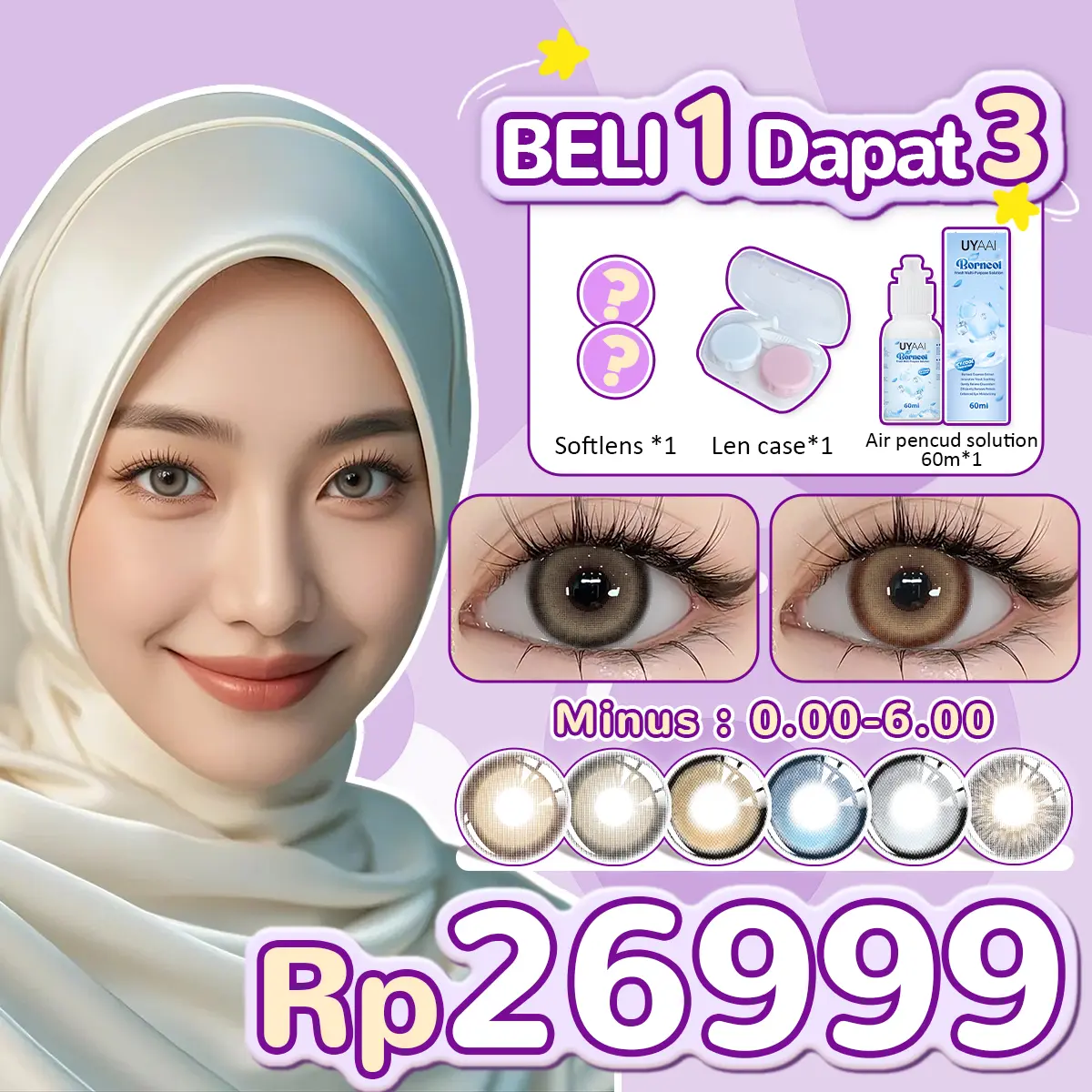 【COD】BELI 1 depat 3 UYAAI Softlens Lensa Kontak Minus 0-6.00 14mm-14.5mm 1 Pasang softlens +1 Lens case +1 EYE DRO[ 10ml USE 6 months