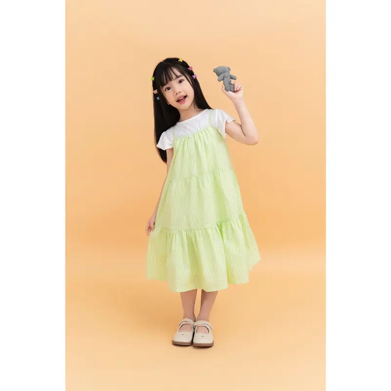 LEAH - Lillian dress - Đầm thiết kế LEAH hai dây xoè 3 tầng rút nhúm thô kẻ cotton cho bé từ 3,4,5,6,7,8,9,10 tuổi 1