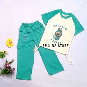 RR.KIDS STORE / Setelan Anak Perempuan Viral / Cheerful Labubu Bahan Babyterry 3-12 Tahun Baju Celana Fashion