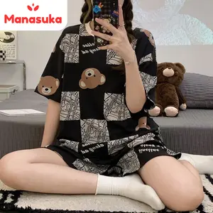 MS Baju tidur wanita setelan piyama lengan dan celana pendek motif karakter kartun lucu bahan katun kaos lembut korea style terbaru murah serap keringat pakaian harian santai cocok untuk anak perempuan remaja BT002