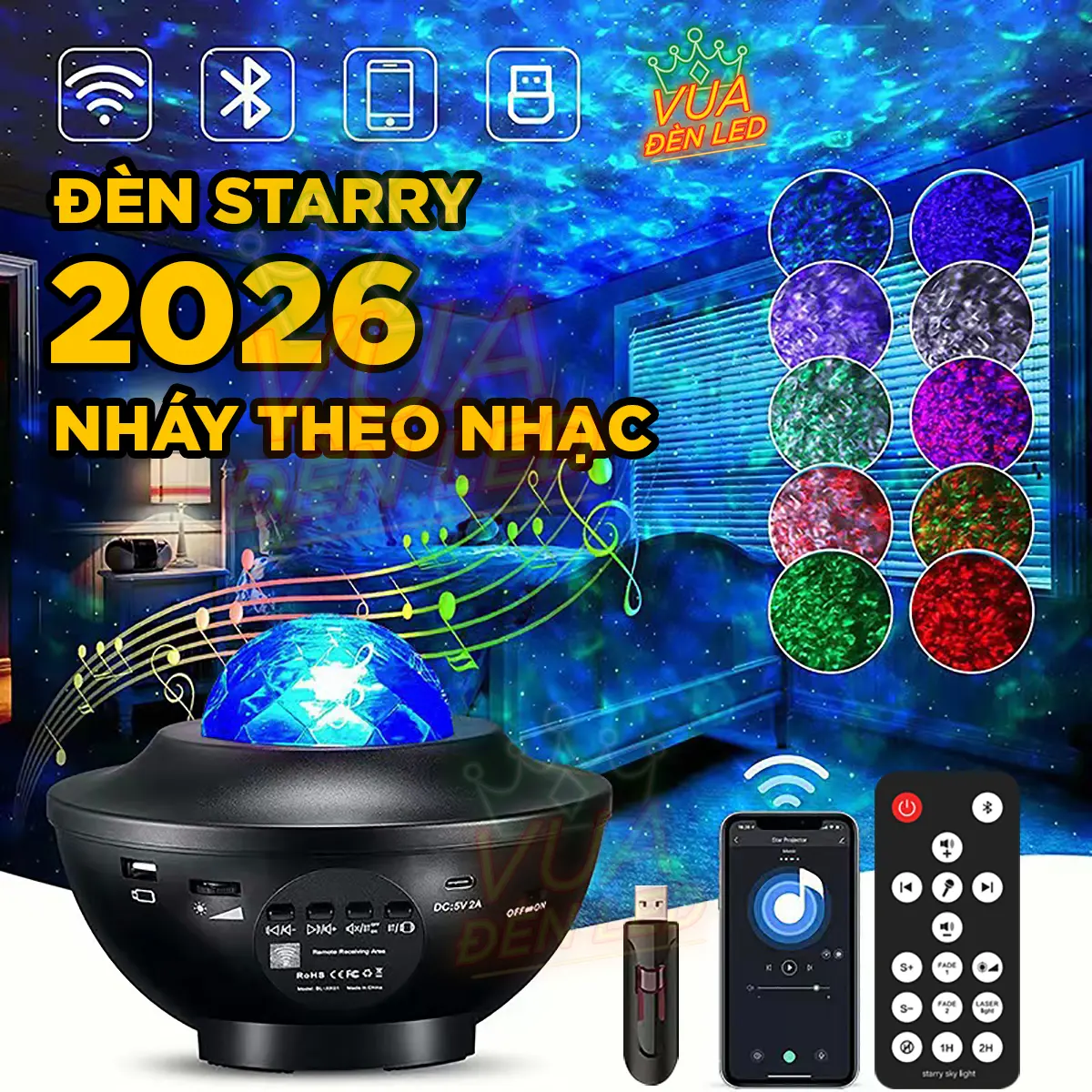 Đèn STARRY Chiếu Bầu Trời Sao GALAXY Trang Trí Decor Phòng, Làm Đèn Ngủ, Có Loa Bluetooth, Điều Khiển Từ Xa