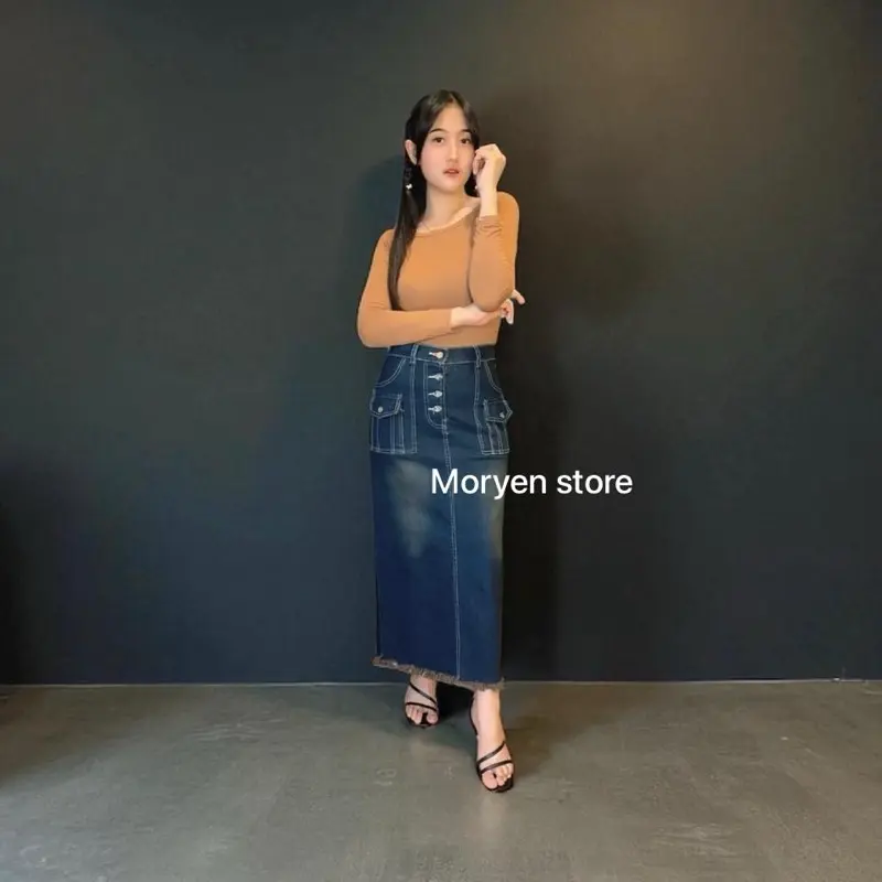(EXCLUSIVE CI FEBY X MORYEN) rebecca rok jeans panjang rok jeans kancing belah depan rebeca rok skrit jeans span kamila rok jeans wanita berhijab 1