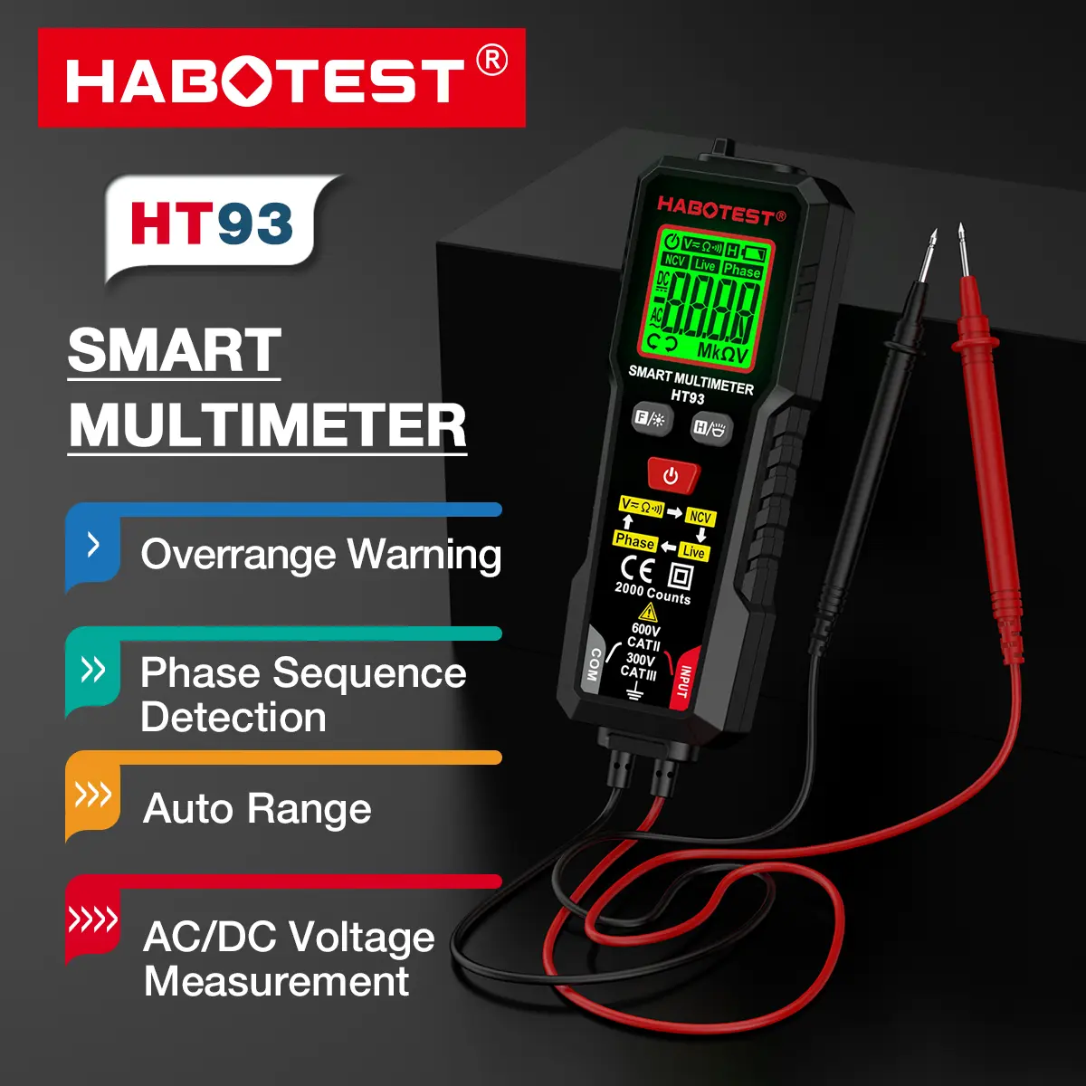 【IN STOCK】HABOTEST HT93 Smart Multimeter Auto Testing AC/DC VoltageMeasurement NCV Live WireDetection Flashlight Continuity Test 2000 Counts