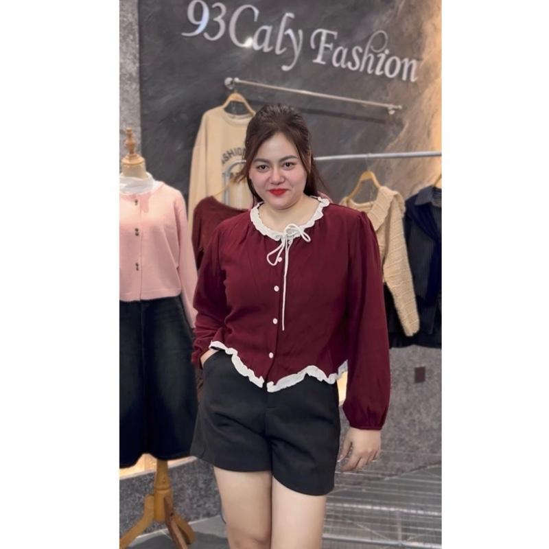 1166 BIGGSIZE Áo sơ mi babydol nữ tay bo bồng phối viền bèo buộc nơ