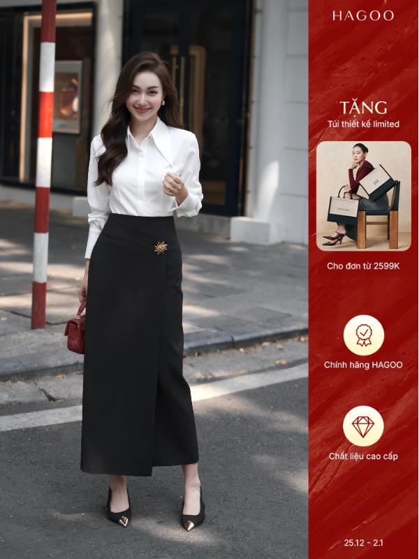  HAGOO Chân váy nữ dáng dài công sở màu đen mix khuy mặt trời Women Nhung { CV473 } Voi 