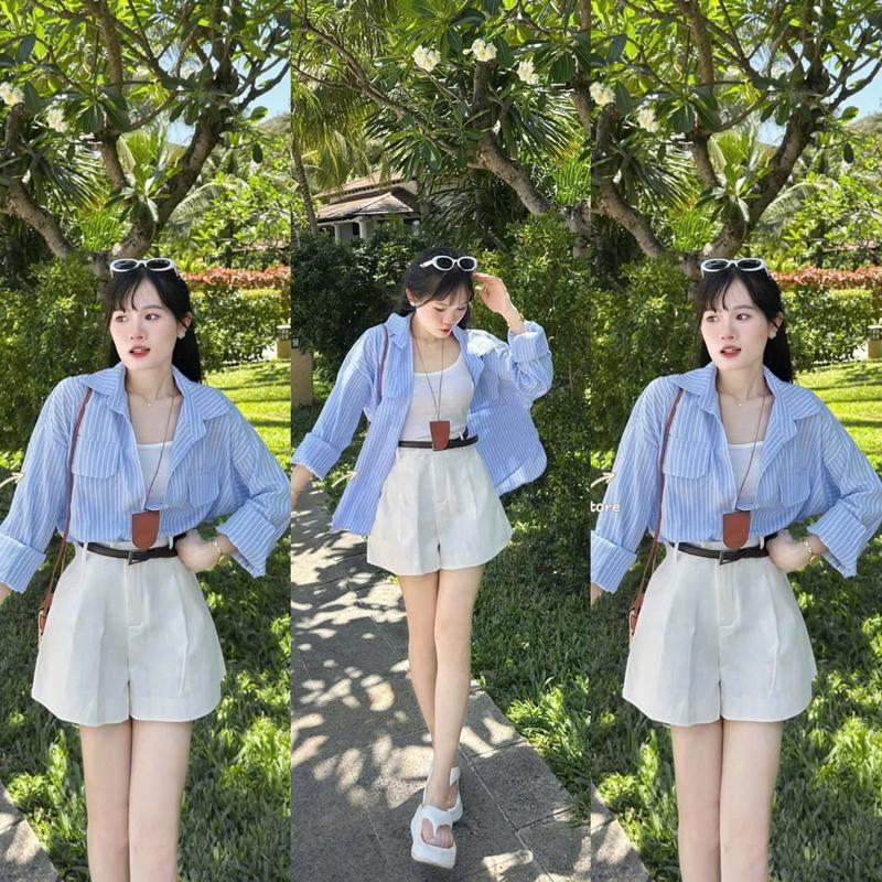 Sét bộ đồ nữ áo lót trong phối áo sơ mi tay dài xinh xắn mix quần kaki kèm nịt dễ thương