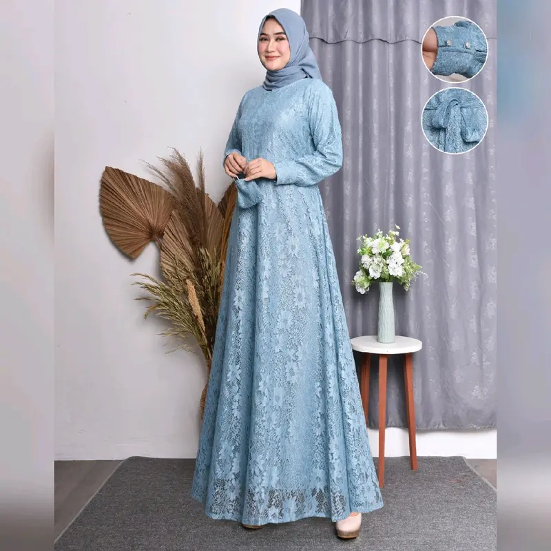 gamis brukat dress jumbo pesta ada ukuran dari m.l.xl.xxl.xxxl free masker Wanita Muslim Kondangan Lembut Tebal 4