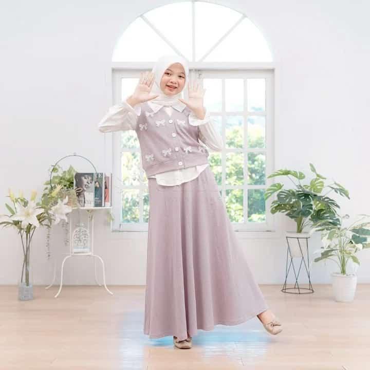 Product Introduction of COD SETELAN ROK KNITT MIX POLO LINEN ANAK PEREMPUAN TANGGUNG SAKHIRA SET 3IN1 SIZE M-L  Fashion Wanita Muslim Atasan Pita Bordir 2
