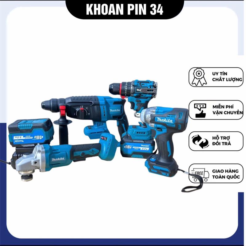 Combo 4 Máy Khoan Pin 2 Pin 15 Cell Vỏ Sốc Khoan Bê Tông Máy Mài Siết Bulong Động Cơ Không Chổi Than 3 Tốc Độ