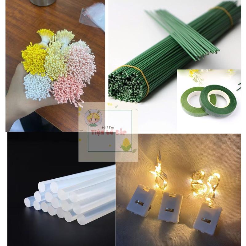 Phụ kiện làm Hoa kẽm nhung - Kẽm cành - Keo nến - cuộc sáp - đèn led - nhuỵ hoa - túi đựng hoa - Tiệm Bé Bắp