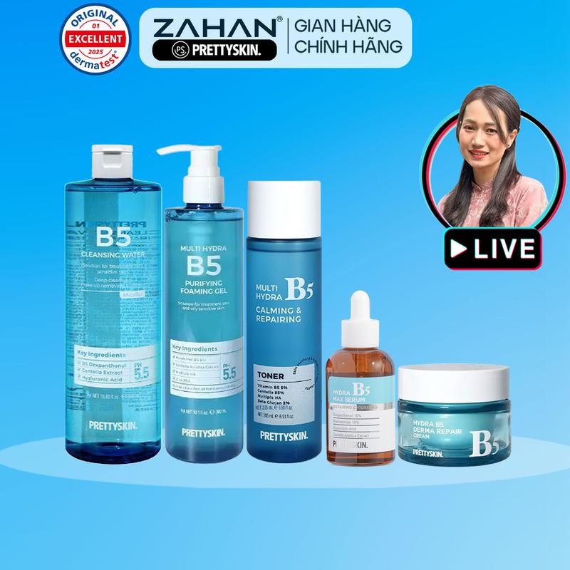 Trọn bộ cấp ẩm phục hồi Hydra B5 Prettyskin gồm tẩy trang B5, toner B5, gel rửa mặt B5, kem dưỡng B5, serum B5 (5 sản phẩm)