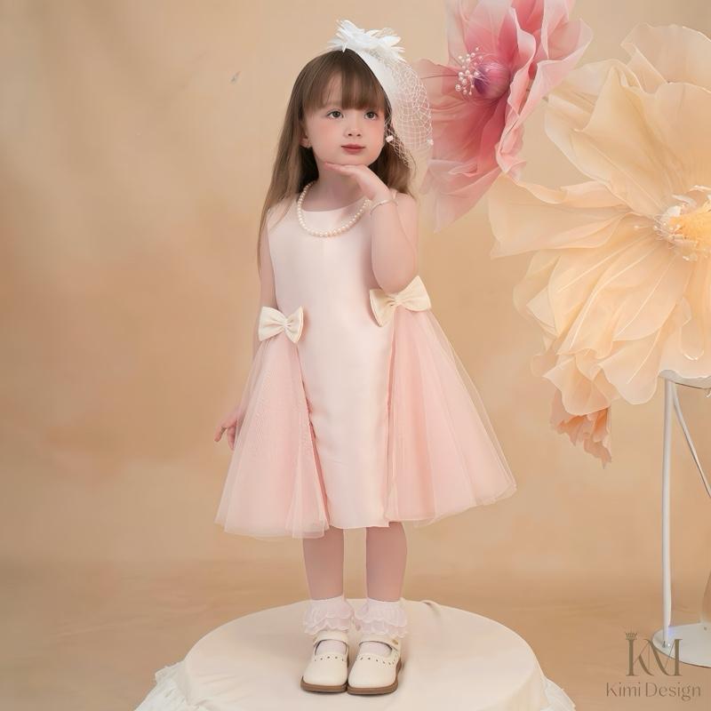 Kimi Design - K1810 Váy Bé Gái Mùa Hè Tafta Hồng Kèm Vòng Chuỗi Hạt Cho Bé 8-35kg