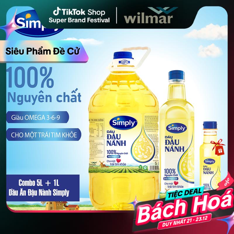 WILMAR Combo 5L + 1L Dầu Ăn Đậu Nành Simply Nguyên Chất Giàu Omega 3 6 9 Vitamin E & Phytosterol Tự Nhiên Tốt Cho Sức Khỏe Tim Mạch