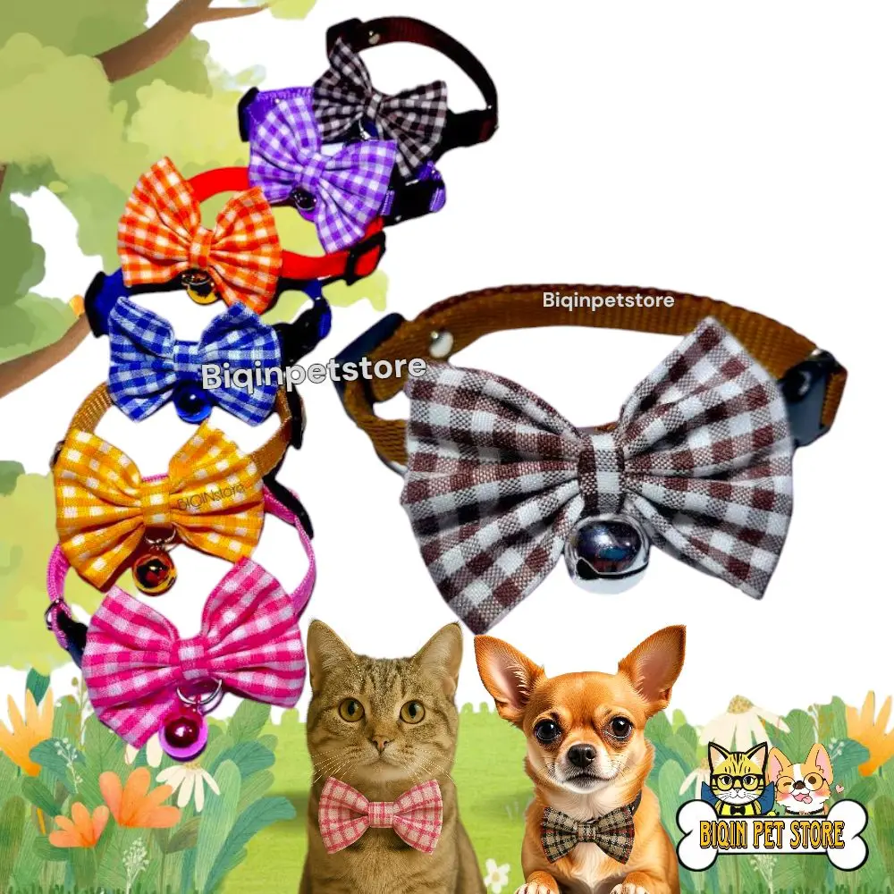 Kalung Pita Kucing Anjing Kecil Motif Kotak Kotak Krincing 14mm
