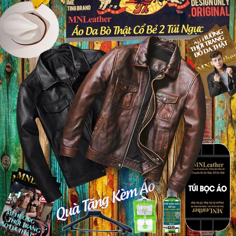 MNLeather Áo Da Bò Thật Cổ Bẻ Màu Nâu Mài Sang Trọng 2 Túi Ngực Tay Khóa Kéo Phong Cách Nam Tính Hiện Đại Quà Tặng Bộ Chăm Sóc Cao Cấp