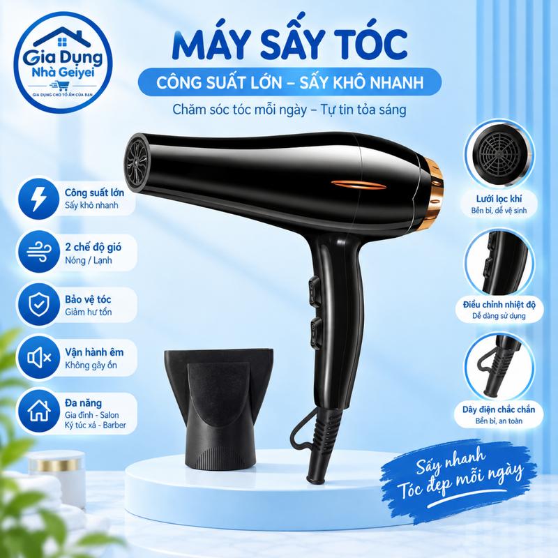 Máy Sấy Tóc 1200W Nóng Lạnh 3 Tốc Độ, Đầu Sấy Tập Trung, Tay Cầm Chắc Chắn Dùng Gia Đình