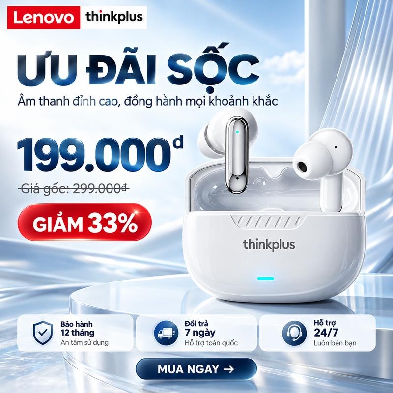 Lenovo Thinkplus MLBB 2026 Y370 Tai nghe Bluetooth 6.0, ANC khử tiếng ồn, tai nghe không dây TWS, âm thanh HiFi, bass sâu, chống nước IPX7, thời lượng pin 50 giờ, màn hình LED, điều khiển cảm ứng, phù hợp cho thể thao và chơi game, cổng USB-C
