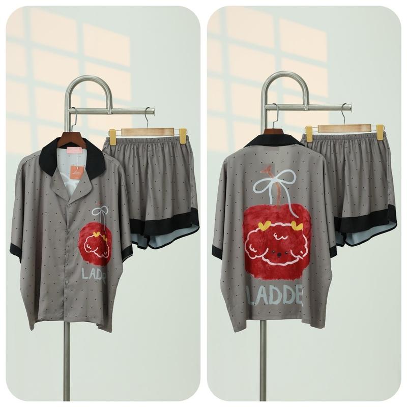  pijama  không túi   quần đùi cánh dơi hoạ ghi chấm bi quả táo cún 