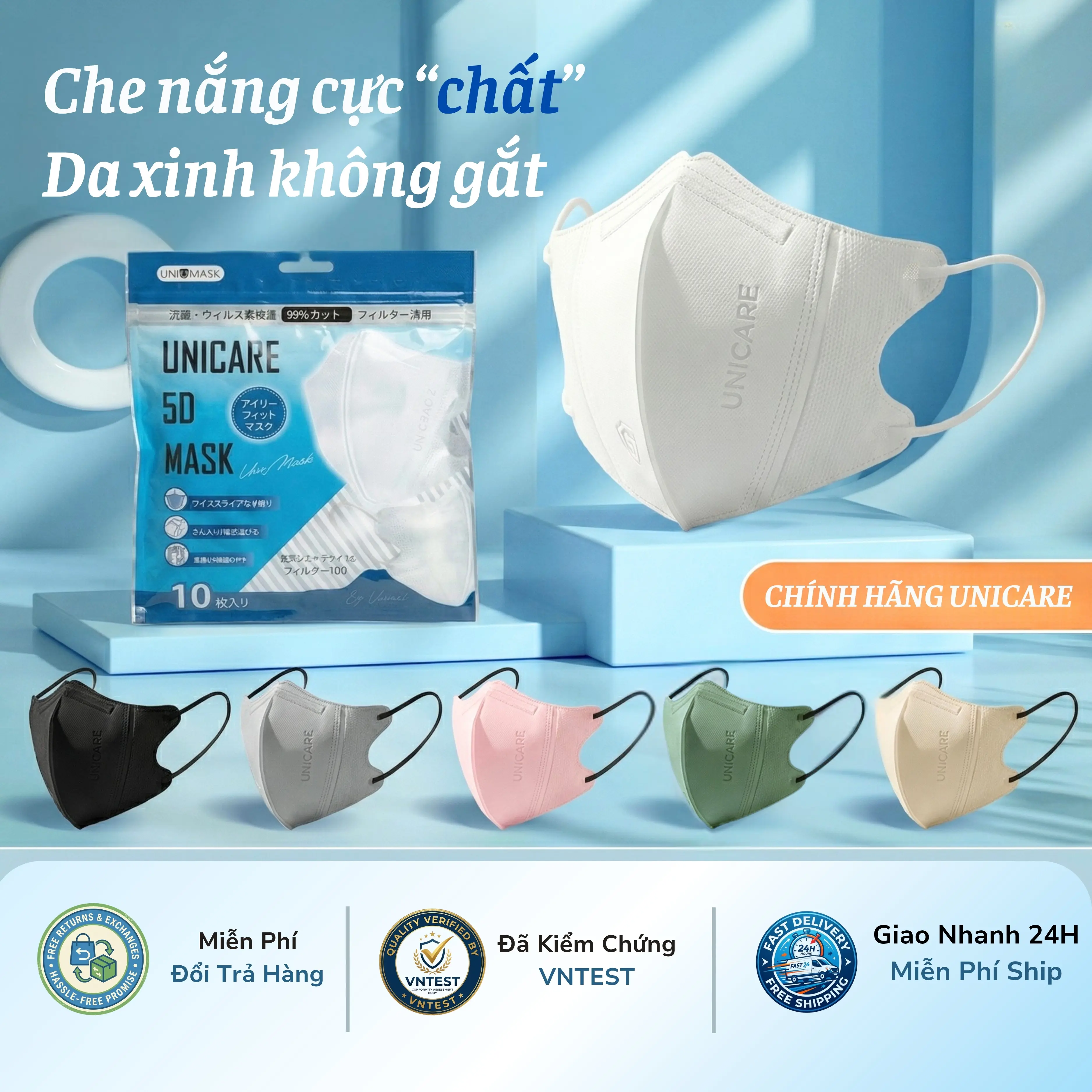 UNICARE Thùng 100 Chiếc Khẩu Trang 5D Quai Mềm Không Đau Tai Kháng Khuẩn Chống Bụi Mịn & Tia UV Bảo Vệ Sức Khỏe Thời Trang - Chính Hãng UNICARE