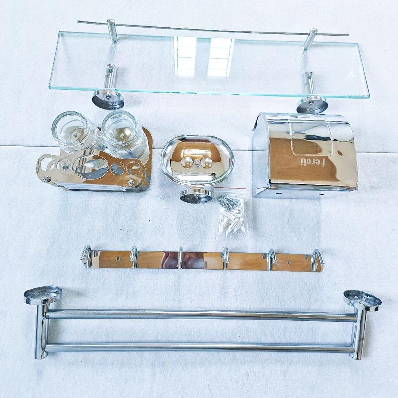  bộ phụ kiện nhà tắm 6 món bao gồm kệ gương,kệ bàn chải,móc treo quần áo,vắt khăn tắm,để giấy kín,khay để xà phòng 