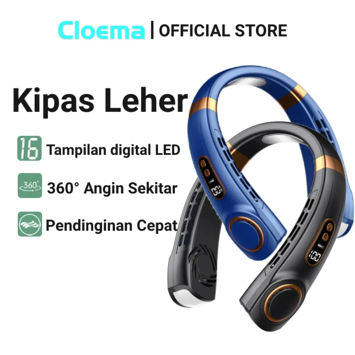 Kipas Angin Gantung Leher Portable Cloema 5-Speed Wind LED Display Tanpa Baling dengan Pencahayaan Warna-Warni 40000mAh - Putih