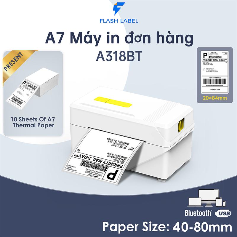 Máy In Nhiệt FlashLabel A318BT in trên máy tính và điện thoại In Khổ A7 In Đơn Hàng, Phiếu Gửi, Minicode, Logo Tự Dán. may in máy bắn