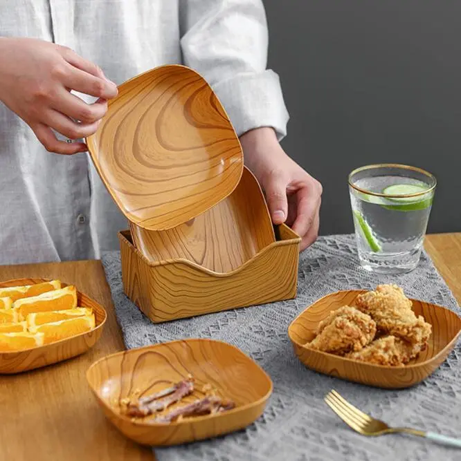 Bộ Đồ Ăn Gia Đình, Đĩa Vuông Có Đế, Thiết Kế Bằng Nhựa Và Gỗ, Đồ Dùng Cần Thiết Hàng Ngày, Đĩa Plato Saucer Platito, In Đồ Ăn Nhẹ Vuông, Thích Hợp Để Bàn Ăn Gia Đình 1