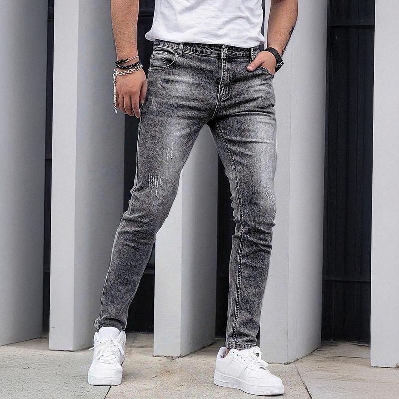  Quần jean dài cho nam màu xám trơn wash nhạt xước nhẹ chất bò co dãn nhẹ QA76 form skinny đẹp Menswear Pants Có Túi 