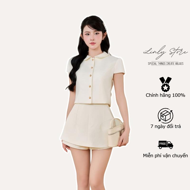 Set áo sơ mi kiểu nữ thiết kế croptop phối cúc và quần váy cạp cao tiểu thư Linly Store A-KIE30