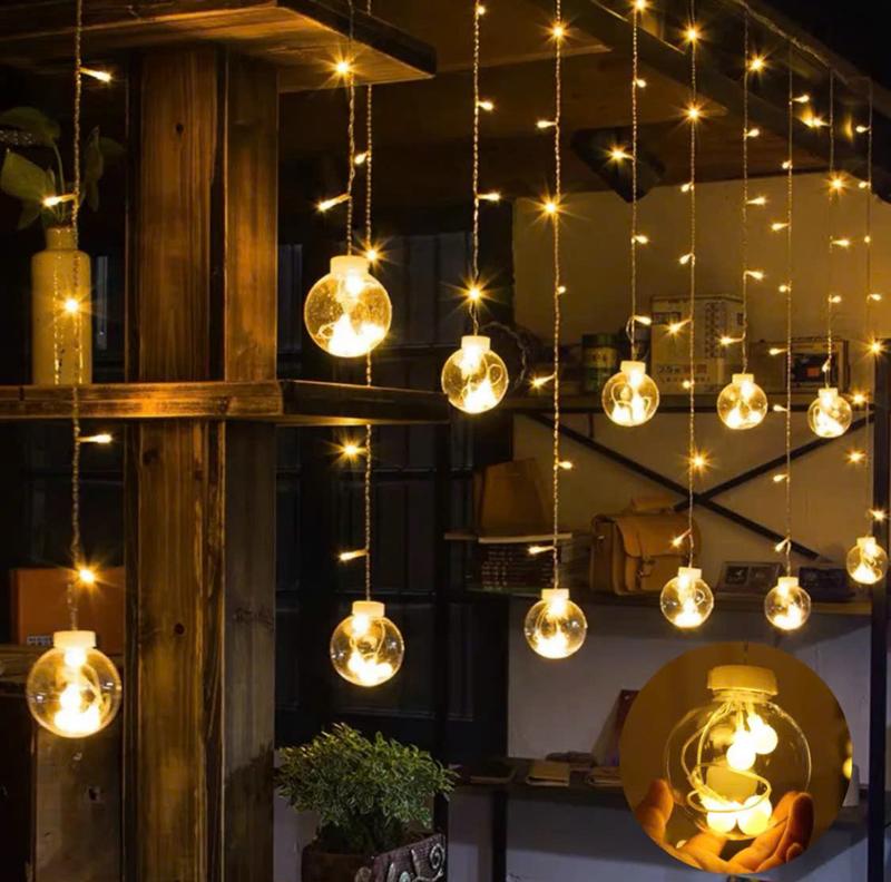 Đèn rèm bóng tròn trang trí decor phòng, dài 3.5 ~ 4m thả 12 bóng tròn có đầu nối , Dây LED trang trí Noel Tết