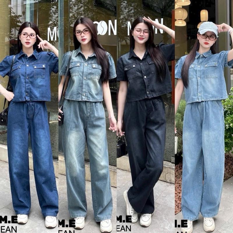 Bộ Jean B85 Nữ Gồm Áo Cộc Tay Cổ Đức Túi Hộp Và Quần Suông Dài Cạp Chun Jean Mềm Women