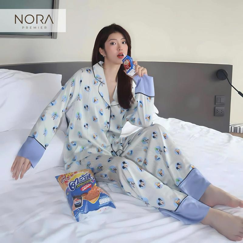 Bộ mặc nhà nữ pijama cao cấp kẻ sọc họa tiết MICKEY dễ thương Ms 2796 Thời trang thiết kế cao cấp NORAVELA