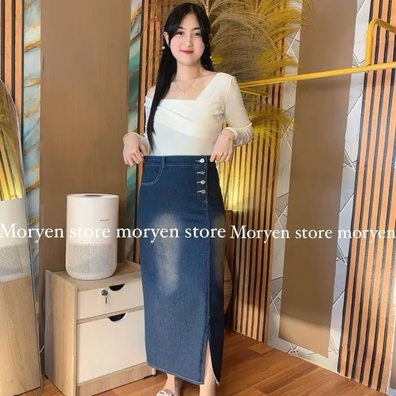 (EXCLUSIVE CI FEBY X MORYEN) rebecca rok jeans panjang rok jeans kancing belah depan rebeca rok skrit jeans span kamila rok jeans wanita berhijab 0