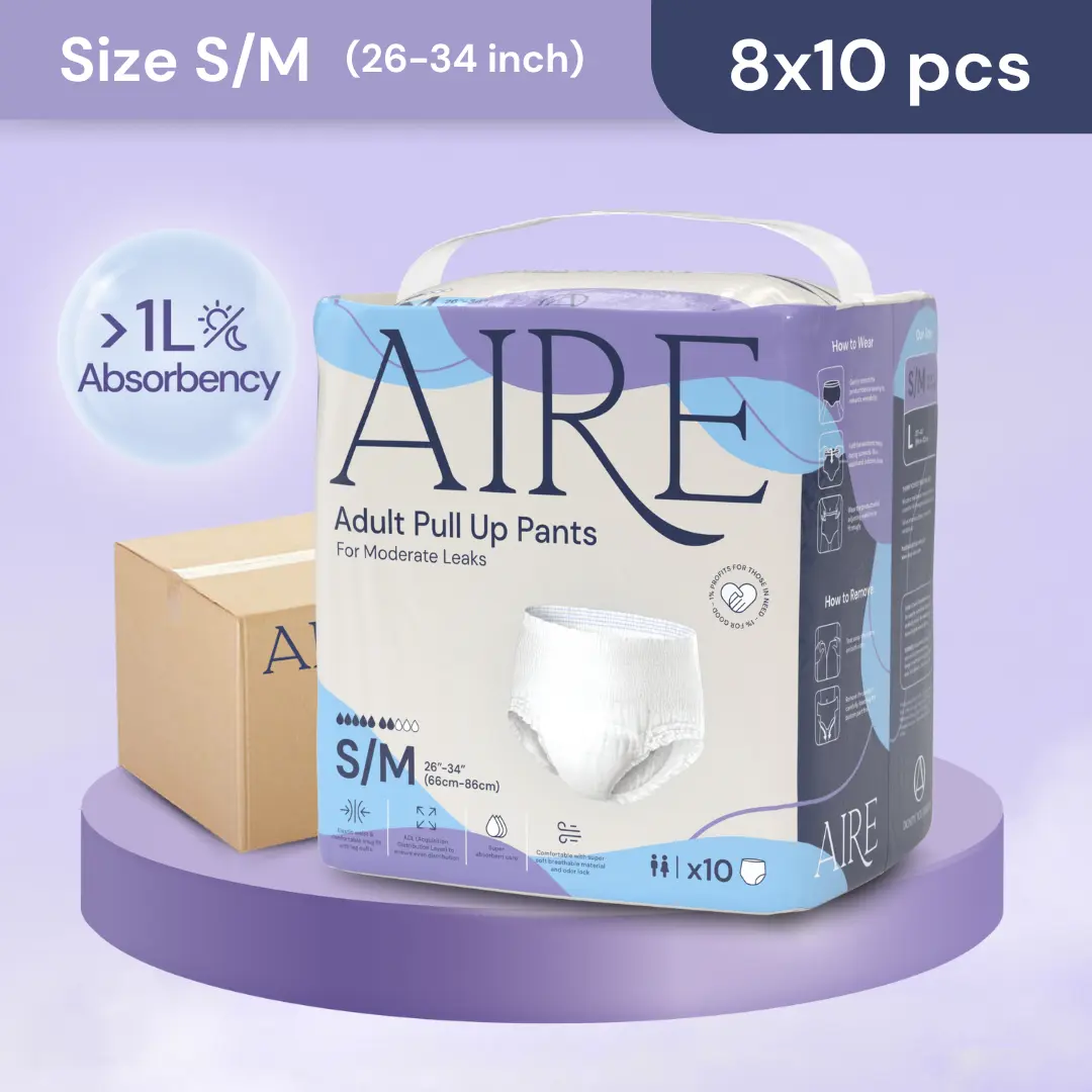 {Carton Deal} Aire Adult Diaper Pull Up Pants Unisex - Size S/M (8x 10pcs) (Elderly Diaper Pants) (Highly Absorbent, Snug, Breathable) Comfort Pack