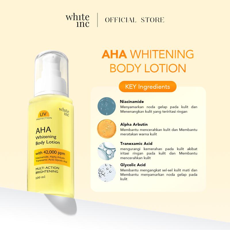 [100ml] WHITE INC AHA Body Lotion to Whitening & Moisturising | Hand Body Lotion Pencerah Mencerahkan Melembabkan Sebagai Body Booster |  Arbutin, Glycolic, Niacinamide 1