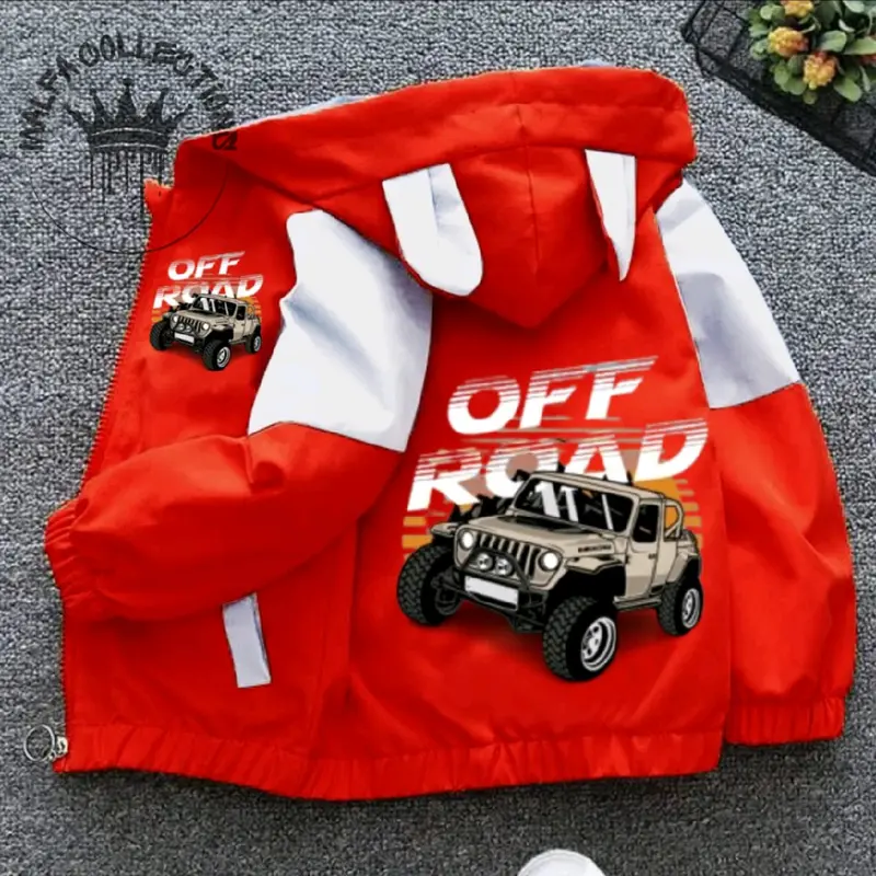 jaket anak kombinasi waterfroop premium berkualitas tinggi cocok buat anak laki" yang bergambar mobil off Road sang peredator jalanan hutan 2