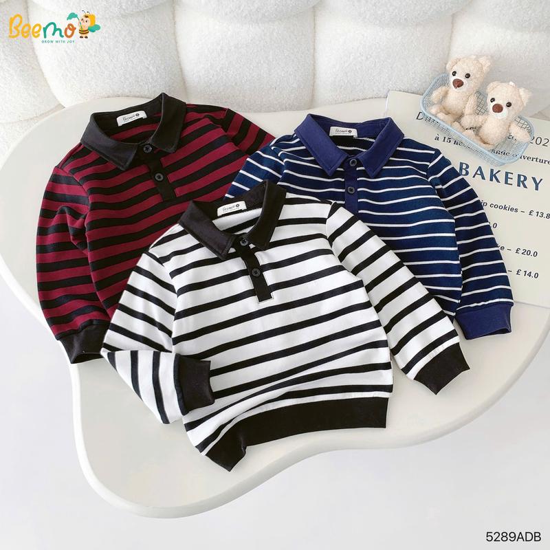  Áo dài tay có cổ cho bé trai Beemo kẻ ngang vải da cá mềm mại co dãn cho bé đi học đi chơi 5289ADB 